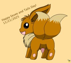 2_tails anus artist_logo ass balls brown_body brown_fur dated eevee eevee_day english_text feral fur generation_1_pokemon genitals logo looking_at_viewer looking_back looking_back_at_viewer male male_feral multi_tail nintendo penis pichu90 pokemon pokemon_(species) simple_background smile solo tail tapering_penis text x_anus