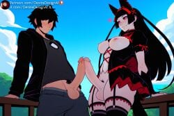 1boy ai_generated animal_ears arm_support black_garter_straps black_hair black_sleeves blue_sky blunt_bangs blush breasts breasts_out closed_mouth clothes_pull clothing cloud day desiredesignai dress erection faceless faceless_male female female female_pubic_hair femboy foreskin frilled_hairband frills futa_on_male futa_with_male futanari garter_straps gate_-_jieitai_ka_no_chi_nite_kaku_tatakaeri gothic_lolita hair_over_eyes hi_res high_quality high_resolution highres hime_cut intersex jacket large_breasts large_penis lolita_fashion lolita_hairband long_hair looking_at_another male male_pubic_hair navel newhalf nipples outdoors pants pants_pull patreon_logo patreon_username penis penis_comparison penis_size_difference penises_touching precum pubic_hair puffy_short_sleeves puffy_sleeves purple_eyes railing red_eyes rory_mercury short_hair short_sleeves size_comparison size_difference sky smile stable_diffusion standing straight testicles thighhighs trap veiny_penis very_long_hair web_address