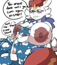 anthro areola big_areola big_breasts blue_body blue_fur bodily_fluids breasts cheek_tuft cinderace dialogue dominant dominant_female duo english_text facial_tuft female fluffy fluffy_tail fur generation_6_pokemon generation_8_pokemon genital_fluids handjob head_between_breasts hi_res huge_breasts interspecies lagomorph larger_female male male/female mammal mature_female meowstic meowstic_(male) mole_under_eye neck_tuft nintendo overstimulation penile pokemon pokemon_(species) precum sex size_difference smaller_male spicykiwi tail text tuft white_body white_fur