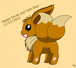 2_tails anus artist_logo ass brown_body brown_fur dated eevee eevee_day english_text female female_feral feral fur generation_1_pokemon genitals logo looking_at_viewer looking_back looking_back_at_viewer multi_tail nintendo pichu90 pokemon pokemon_(species) simple_background smile solo tail text vulva x_anus