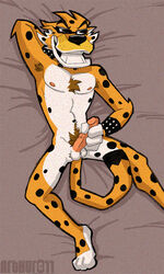 2011 anthro cheetah chester_cheetah erection eyewear feline furry lying male male_only mascot masturbation nipples no_humans on_back penis pose rthur smile solo sunglasses