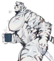 anthro arknights body_hair breath chest_hair container cup graysheartart hi_res homfnomf hypergryph male mountain_(arknights) muscular nude pubes scar solo studio_montagne