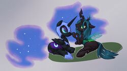 2013 alicorn anus black_body blue_hair changeling cutie_mark duo equine female feral friendship_is_magic green_eyes hair helmet horn horse my_little_pony nightmare_moon_(mlp) plain_background ponchuzn pony princess_luna_(mlp) pussy queen_chrysalis_(mlp) wings