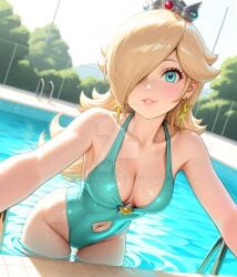 2025 ai_generated belly_hole belly_visible_through_clothing black_dot_eyes blonde-haired_female blonde_female blue_eyes_female blue_swimsuit brown_eyebrows critadako deviantart female_only getting_out_of_pool holding_viewer looking_at_viewer mario_(series) nintendo one_eye_covered orange_lips pool_background princess_rosalina silver_crown smile_at_viewer smiling_at_viewer standing_on_pool star_earrings super_mario_bros. wet_body wet_head