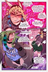 2_panel_comic anthro bite biting_lip blush blush_lines bodily_fluids choker closed_eyes clothing comic demi_(gat0pussy24) dialogue dripping english_text erection erection_under_clothing fur gat0pussy24 genital_fluids green_hair grey_body grey_fur hair hi_res jewelry lagomorph lake_(gat0pussy24) leporid male mammal markings multicolored_body multicolored_fur necklace nonbinary_(lore) precum precum_drip precum_string precum_through_clothing procyonid profanity rabbit raccoon raccoon_tail_hair shirt slightly_chubby slightly_chubby_anthro slightly_chubby_male speech_bubble striped_markings striped_tail stripes stubble t-shirt tail tail_markings tan_body tan_fur tank_top teapot_(body_type) text thick_thighs tongue tongue_out topwear two_tone_body two_tone_fur wet wet_clothing wide_hips