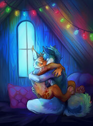 anthro canine closed_eyes couple cum demicoeur duo feline fur furry gay girly hug husky leg_wrap lights loft lynx male night nikki_(character) no_humans nude pawpads romantic sex tye_husky