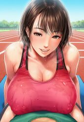 1boy ai_generated dominant_female eye_shadow female giant_breasts horny_female large_breasts molestation nipple_outline public reverse_rape seductive seductive_eyes seductive_smile sweaty sweaty_female