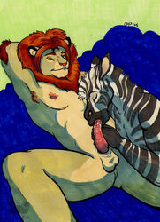 2008 anthro balls bloodhound_(artist) equine erection feline fellatio furry gay interspecies lion lying male no_humans nude oral oral_sex penis sex zebra