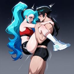 1boy ai_generated aqua_eyes aqua_hair bangs bare_arms bare_shoulders black_background black_hair black_shorts black_sports_bra blue_eyes blue_eyeshadow blue_hair blush breasts carrying cleavage clothed_sex clothing cowboy_shot crop_top earrings eye_contact eyeshadow female footwear from_side gradient_background grey_background hand_on_another's_arm jewelry k/da_all_out_seraphine k/da_all_out_series k/da_series kneehighs large_breasts league_of_legends legwear lifting_person lipstick long_hair looking_at_another lunaart makeup midriff motion_lines muscular muscular_male navel parted_lips penis ponytail red_lips red_shorts red_sports_bra red_tank_top riot_games seraphine_(league_of_legends) sex shoes short_shorts shorts sleeveless sneakers socks sports_bra standing straight sweat tank_top teeth testicles thighs underwear upright_straddle vaginal_penetration very_long_hair white_footwear white_socks