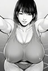 1boy ai_generated dominant_female eye_shadow female giant_breasts horny_female large_breasts larger_female milf molestation monochrome nipple_outline public reverse_rape seductive seductive_eyes seductive_smile sweaty sweaty_female