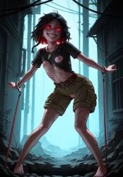 1girls ai_generated areolae barefoot black_hair cargo_shorts chained crazy_eyes crazy_smile cuff_(restraint) cuffs disco_elysium dreamheat evil_grin exposed_breasts exposed_pussy female glowing_eyes half_light_(disco_elysium) handcuffs inverted_nipples midriff midriff_baring_shirt night nipples pale_skin pendant personification pussy red_eyes restrained scar scars sharp_teeth short_hair shorts slim small_breasts solo standing thin torn_clothes torn_legwear torn_shirt white_pupils