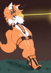 2026 absurd_res anthro areola arms_tied arms_tied_behind_back big_breasts biped bondage bondage_gear bound breasts canid canine clothing collar digital_media_(artwork) dragging emanata female female_anthro footwear fox fur hands_behind_back hi_res high_heels inner_ear_fluff leaning leaning_backward leash leash_pull leashed_collar legband lrks mammal muzzle_(object) muzzled narrowed_eyes nipple_piercing nipples orange_body orange_fur piercing shoes simple_background solo squish tail thick_thighs thigh_squish thighband three-quarter_view tuft