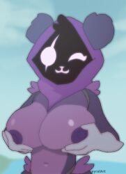 2025 2d 5_fingers animated anthro areola armor artist_name bear big_breasts biped blurred_background breast_fondling breast_play breasts clothing digital_media_(artwork) epic_games eye_scar facial_scar female female_anthro fingers fondling fortnite frame_by_frame gauntlets glistening glistening_breasts gloves hand_on_breast handwear hi_res hood looking_at_viewer loop mammal navel nipple_fetish nipple_play nipples obscured_face purple_areola purple_body purple_hood purple_nipples raven_team_leader scar solo text vyralart