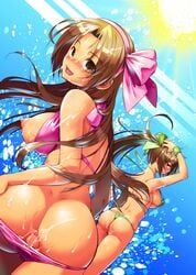 2girls anus arm_up ass bikini bikini_pull blush breasts brown_eyes brown_hair cum cum_on_ass facial hair_ribbon hairband highres large_breasts long_hair looking_at_viewer looking_back momoiro_manjiryuu multiple_girls nipples original ponytail puffy_nipples pussy ribbon swimsuit thong_bikini tied_hair wristband