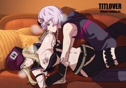1boy 1girls alexander_nikolaevich_hell artist_name birthmark blonde_hair blue_eyes breast_pull breast_sucking breasts breasts_out clothed_female clothed_male coco_(code_vein) code_vein couch couch_sex crossover fanbox_username green_eyes hat lactation large_breasts milf nipples seikon_no_qwaser short_hair titlover white_hair