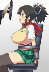 1boy 1boy1girl 1girls :o ai-created ai_art ai_generated asuka_(senran_kagura) brown_hair chair femsub hair_ribbon hazel_eyes hypnosis large_breasts magic maledom marvelous mind_control plaid_skirt ponytail red_scarf restrained school_uniform senran_kagura shackled shackled_wrists shackles side_view sidelocks simple_background skirt spellcasting spiral spiral_eyes submissive_female sweater_vest thighhighs thighs white_background white_ribbon white_shirt