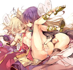 2girls blonde_hair blush breasts brown_hair cis_(carcharias) female fingering gradient_hair headphones hijiri_byakuren large_breasts legs_up long_hair multicolored_hair multiple_girls nipples purple_hair pussy pussy_juice rough short_hair small_breasts text touhou toyosatomimi_no_miko translation_request wink yellow_eyes yuri