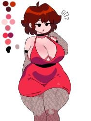 1girls auburn_hair big_breasts cleavage elbow_gloves friday_night_funkin girlfriend_(friday_night_funkin) reference_image revealing_dress sanax.jd short_hair solo_female tagme thick_thighs thighhighs wide_hips