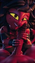 3d_(artwork) 4_fingers absurd_res bedroom_eyes big_penis buckteeth clothing daws19 demon demon_humanoid digital_media_(artwork) duo female fingerless_gloves fingers first_person_view genitals gloves hand_on_penis handwear heart_symbol heart_tattoo hellaverse helluva_boss hi_res horn humanoid husband_and_wife imp larger_male looking_at_viewer male married_couple millie_(helluva_boss) mole_under_eye moxxie_(helluva_boss) narrowed_eyes penis penis_against_cheek penis_on_cheek seductive size_difference smaller_female tattoo teeth