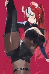 1girls absurdres animal_ears black_hair blackberry_baelz blue_eyes bodysuit breasts cleavage crop_top female female_only hakos_baelz highres hololive hololive_english long_hair long_sleeves miko_4013 mouse_ears mouse_tail multicolored_hair ponytail red_background red_hair short_shorts shorts solo split standing standing_on_one_leg standing_split tail thighhighs thighs very_long_hair virtual_youtuber white_hair