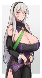 absurdres alternate_breast_size_(larger) belt black_hairband blush border breasts cleavage closed_mouth commentary commentary_request commission corrin_(fire_emblem) corrin_(fire_emblem)_(female) english_commentary female female_only fire_emblem fire_emblem_fates fire_emblem_heroes grey_background grey_hair hairband highres huge_breasts long_hair looking_at_viewer mixed-language_commentary nintendo official_alternate_costume oruru63100814 outside_border pointy_ears red_eyes simple_background skeb_commission smile solo standing star_(symbol) white_border