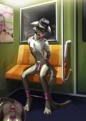 2022 3_toes anal anal_sex ankle_cuffs anthro anthro_penetrated ass ball_gag balls biped blindfold bodily_fluids bondage bound butt_shot buttplug buttplug_in_ass buttplug_insertion chastity_cage chastity_device cheek_tuft chest_tuft clothing covered_eyes cuff_(restraint) cutaway cute_fangs detailed_background domestic_cat exhibitionism facial_tuft fangs featureless_chest feet felid feline felis fur gag gagged gem genital_fluids genitals grey_body grey_fur hands_behind_back hands_tied hat headgear headwear hi_res jewel_buttplug leaking_precum leg_spreader male male_anthro male_penetrated mammal mostly_nude mostly_nude_anthro mostly_nude_male object_in_ass penetration pink_chastity_cage plug_(sex_toy) plug_insertion precum precum_string public public_nudity public_transportation rapid_transit restraints sex_toy sex_toy_in_ass sex_toy_insertion sitting solid_chastity_cage solo spreader_bar stockingfan subway subway_map tail teeth toes tuft tumulus wearing_chastity_cage wearing_chastity_device wrist_cuffs