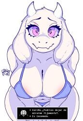 boss_monster_(undertale) bovid bovine breasts deltarune dialogue gameplay_mechanics goat huge_breasts milf monster_girl panties sharalythesheep spanish_dialogue spanish_text swimsuit teasing toriel undertale underwear