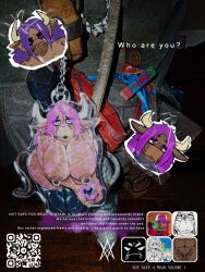 anthro big_breasts bovid bovine breasts brown_body cattle female hair harped heart_symbol hi_res horn keychain latex looking_at_viewer makeup mammal nipple_piercing nipples piercing public public_nudity purple_hair qr_code ryuzka solo sticker tattoo text