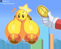 1boy 1girls annoyed annoyed_expression ball_with_hyper_features bra coin holding_object huge_breasts huge_nipples huge_tits mario mario_(series) mario_and_luigi_(series) mario_bros nintendo nipples_visible_through_bikini offering_money offscreen_character offscreen_male overflowing_breasts star_sprite starlow super_mario_bros. uninterested uninterested_female xmelomor24x