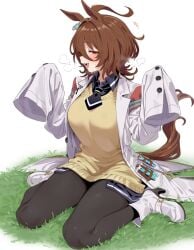 +++ 1girls agnes_tachyon_(umamusume) ahoge animal_ears ankle_boots ascot bangs big_breasts black_ascot black_pantyhose black_shirt blush boots breath brown_hair buttons coat collared_shirt female female_only full_body grass hair_between_eyes hair_intakes half-closed_eye hands_up homeno_v horse_ears horse_girl horse_tail looking_at_viewer open_clothes open_coat open_mouth oversized_clothes pantyhose plant profile red_eyes shirt short_hair simple_background sitting sleeves_past_fingers sleeves_past_wrists solo sweat sweater tail umamusume vial wariza white_background white_coat white_footwear yellow_sweater