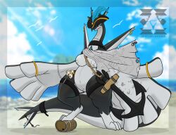 anchor anthro artist_logo artist_name avian barrel beach belly big_breasts big_hands bird black_body blue_markings bone breasts broken_chain chains clothing cloud cloudy_sky cuff_(restraint) day digital_media_(artwork) digitigrade feathers female fusion generation_2_pokemon generation_3_pokemon genitals gull harpoon hat_feather headgear headwear hybrid lari larid latias legendary_pokemon light logo long_neck looking_at_viewer loose_feather lugia markings melee_weapon multicolored_body navel nintendo nipples pirate pirate_hat pokemon pokemon_(species) pokemon_fusion polearm restraints ring sentinelwinder shackles skull sky slightly_chubby slightly_chubby_female smile sonear_(sentinelwinder) spear standing sunlight tail tattoo text thick_tail thick_thighs thigh_strap two_tone_body vulva weapon white_body wide_hips wings