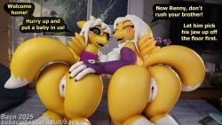 2025 3d_(artwork) absurd_res anthro anus ass bacn bandai_namco bent_over big_breasts blender_(artwork) blender_cycles blush breast_size_difference breasts brother_(lore) canid canine claws daughter_(lore) detailed_background dialogue digimon digimon_(species) digital_media_(artwork) duo english_description english_text eyewear female female/female fox genitals glasses hair hand_on_butt hi_res huge_breasts impregnation_request incest_(lore) inside looking_at_viewer looking_back male mammal mother_(lore) mother_and_child_(lore) mother_and_daughter_(lore) nude offscreen_character offscreen_male open_mouth parent_(lore) parent_and_child_(lore) parent_and_daughter_(lore) presenting presenting_hindquarters renamon renny_(bacn) requesting sex_request sibling_(lore) sister_(lore) smile smiling_at_viewer speech_bubble tail teeth text vulva white_body yellow_body