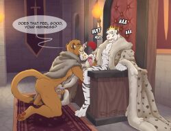 anthro chair clothed clothing cougar crown darkthorns dialogue digital_media_(artwork) duo english_text erection eye_contact feet felid feline fingers fur furniture genitals hair handjob headgear humanoid_genitalia humanoid_penis king kneeling looking_at_another male male/male mammal masturbation medieval mostly_nude open_clothing open_mouth open_robe pantherine pawpads penile penile_masturbation penis robe robe_only royalty sex sitting smile speech_bubble tail teeth text throne tiger toes