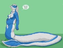 after_vore anthro apode blue_body blue_fur breasts dialogue draconcopode english_text fat_rolls female female_anthro fully_inside fur genitals green_background hair hand_on_belly hi_res hybrid legless mammal mephitid naga nipples nude nude_anthro nude_female overweight overweight_anthro overweight_female serpentine simple_background skunk solo speech_bubble strega tail tail_tuft text tuft uvuzi vore vulva white_body white_fur white_hair yellow_eyes