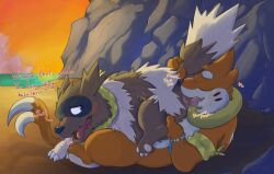 2026 anal beach blush bodily_fluids bracelet buizel dialogue digital_drawing_(artwork) digital_media_(artwork) dripping duo english_description english_text feral fur generation_3_pokemon generation_4_pokemon grey_body grey_fur hi_res jewelry looking_at_another looking_at_partner looking_back looking_back_at_another looking_back_at_partner looking_pleasured lying lying_on_ground male male/male nintendo on_back on_ground onomatopoeia oral orange_body orange_fur outdoor_nudity outside_sex pokemon pokemon_(species) pokemon_mystery_dungeon rimming saliva saliva_drip saliva_on_anus saliva_on_tongue sand sex sound_effects spike_chunsoft sunset tail tail_grab text tongue tongue_out verdantotter water white_body white_fur zigzagoon