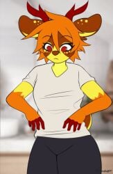 2023 animated anthro bouncing_breasts breast_drop breast_squish breasts brown_body brown_fur clothed clothing clothing_lift deer female flashing fur horn mammal moonfluffmf multicolored_body nipples orange_body orange_fur orange_hair partially_clothed presenting pressing_breasts_together red_eyes shirt shirt_lift short_playtime solo squish topwear yellow_body yellow_fur
