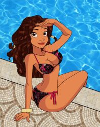 1girls 2018 black_and_pink_bikini black_bikini black_dot_eyes black_eyebrows brown_body brown_eyes_female brown_hair_female brown_skin carlshocker closed_mouth_smile dark_red_lips deviantart female_only flower_bikini hand_posing looking_up_at_viewer moana moana_waialiki pink_bikini pool_background sitting_on_ledge smile_at_viewer smiling_at_viewer walt_disney_animation_studios walt_disney_pictures water_background yellow_bracelet
