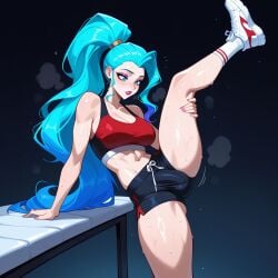 abs ai_generated aqua_eyes arm_support bangs bare_shoulders black_background black_shorts blue_eyes blue_hair blush bra breasts bulge cleavage clothing covered_penis covered_testicles erection erection_under_clothes eyeshadow female footwear futanari gym_shorts k/da_all_out_seraphine k/da_all_out_series k/da_series large_breasts league_of_legends leg_lift leg_up lips lipstick long_hair looking_down lunaart makeup medium_breasts midriff nail_polish navel parted_lips pink_eyeshadow pink_lips pink_nails ponytail purple_eyeshadow red_sports_bra riot_games seraphine_(league_of_legends) shoes shorts sneakers socks solo split sports_bra sportswear spread_legs standing standing_on_one_leg standing_split sweat thighs underwear very_long_hair white_footwear white_socks