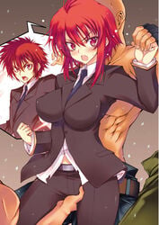 angry belt blush breasts female fingering fingerless_gloves gender_transformation genderswap_(mtf) highres hips implied_transformation kill_time_communication large_breasts legs looking_back necktie open_mouth pants rape red_eyes red_hair ro-ga_(kurumaya) rule_63 short_hair simple_background standing suit sweat thighs tomboy