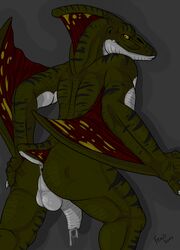 1boy anus ass balls biceps big_muscles dinosaur fersir flaccid looking_back male male_only nude penis precum presenting presenting_hindquarters scalie solo standing uncut wings