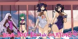 4girls adapted_costume alternate_costume bare_shoulders bikini black_bikini black_lipstick black_nails blunt_bangs blunt_ends braid braided_ponytail breasts cleavage closed_eyes cloud collar commission dark-skinned_female dark_skin double_bun earrings expressionless female female_only fist_print flat_chest frilled_one-piece_swimsuit frills green_hair hair_between_eyes hair_bun half-closed_eyes hand_up harujio_(pokemon) hex_maniac hex_maniac_(pokemon_legends:_z-a) holding holding_hands holding_leash hyper_training_npc_(pokemon_legends:_z-a) indoors jacinthe_(pokemon) jewelry leash lebanne_(pokemon) lipstick long_hair low_drills low_ponytail maid maid_bikini maid_headdress makeup master_and_servant medium_breasts multiple_girls nail_polish navel nintendo npc occult_maniac occult_maniac_(pokemon) occult_maniac_(pokemon_legends:_z-a) occult_maniac_(z-a) one-piece_swimsuit open_mouth parted_lips pet_play pokemon pokemon_legends:_z-a ponytail pool purple_hair purple_lips purple_one-piece_swimsuit see-through_cleavage see-through_clothes short_hair smile sphere_earrings swimsuit thank_you unconventional_maid very_dark_skin very_long_hair wading wanderjegson water white_one-piece_swimsuit window wristband yukari_(pokemon)