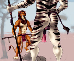 alexanderjfragkos anthro anus ass equine feline flaccid horsecock hunting jealous lion loincloth male male_only multiple_males nude penis penis_awe surprised zebra