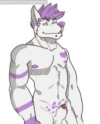 1boy abs anthro balls biceps big_muscles canine cum ear_piercing erection k0suna male male_only muscles nipple paws pecs penis piercing pose precum sheath solo white_fur wolf