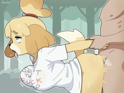 1boy 1girls animal_crossing anthro arm_grab artist_name breasts canid canine canis clothed_female_nude_male dog_girl domestic_dog drool drooling eyes_rolling_back female from_behind fucked_silly healerart isabelle_(animal_crossing) jiggling_breasts l large_breasts male open_mouth outdoor_sex outdoors outside outside_sex saliva sex tail tongue tongue_out trees