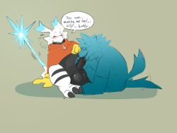 3_toes anthro balls bandai_namco big_balls blush canid canine closed_eyes clothed clothing digimon digimon_(species) duo english_text faceless_character faceless_male feet genitals gloves handwear hi_res hoodie kingkuga kingston_(kingkuga) male male/male mammal oral penis raised_clothing raised_hoodie raised_topwear scales short_stack sitting spread_legs spreading tail tail_motion tailwag text toes topwear white_body white_scales ych_(character)