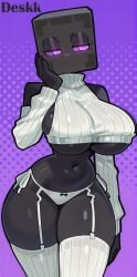 1girls ai_generated anthro anthro_female belly_button big_breasts black_body black_skin breasts cute cute_face deskk enderman enderwoman eyelashes female female_anthro female_focus garter_straps hand_on_head high_quality high_resolution highres horny horny_female huge_breasts large_breasts larger_female mature_female microsoft minecraft minecraft_mob mixteart mojang monster_girl navel purple_eyes shiny_eyes solo solo_female solo_focus stockings thick thick_female video_games virgin_killer_sweater white_clothing white_sleeves white_sweater white_thighhighs