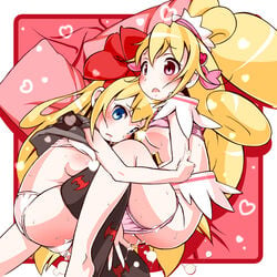 2girls aida_mana ao_yasai bat_print blonde_hair blue_eyes blush bra bra_lift clothing couple cure_heart curled_up dokidoki!_precure female heart hug long_hair lying magical_girl multiple_girls no_pants on_side panties panty_pull pillow pink_eyes precure pretty_cure pussy regina_(dokidoki!_precure) shirt shirt_lift small_breasts stockings thighhighs underwear yuri