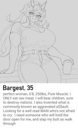 1girls barghest_(gawain)_(fate) champchidi clothed clothed_female english english_text fate/grand_order fate_(series) female female_focus female_only meme muscular muscular_female not_porn solo solo_female solo_focus text tinder_(app) tinder_perfect_woman_(meme) uncolored