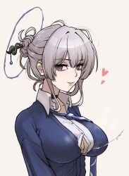 after_paizuri black_choker blue_cardigan blue_necktie breasts button_gap cardigan choker collared_shirt commentary_request cum cum_string female grey_eyes grey_hair grey_halo hair_bun hair_ornament hair_stick halo heart itokonoue_kaoru large_breasts light_smile long_sleeves looking_at_viewer looking_to_the_side loose_hair_strand loose_necktie necktie necktie_overhang niceratus_kiotensis open_collar project_kv shirt sidelocks simple_background single_hair_bun solo stream upper_body white_background white_shirt wing_collar