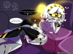 1boy 1girls clothed clothed_sex couple eating_pussy murder_drones n_(murder_drones) on_bed robot robot_boy robot_girl robot_humanoid straight taika_artsv text thick_thighs v_(murder_drones) white_hair